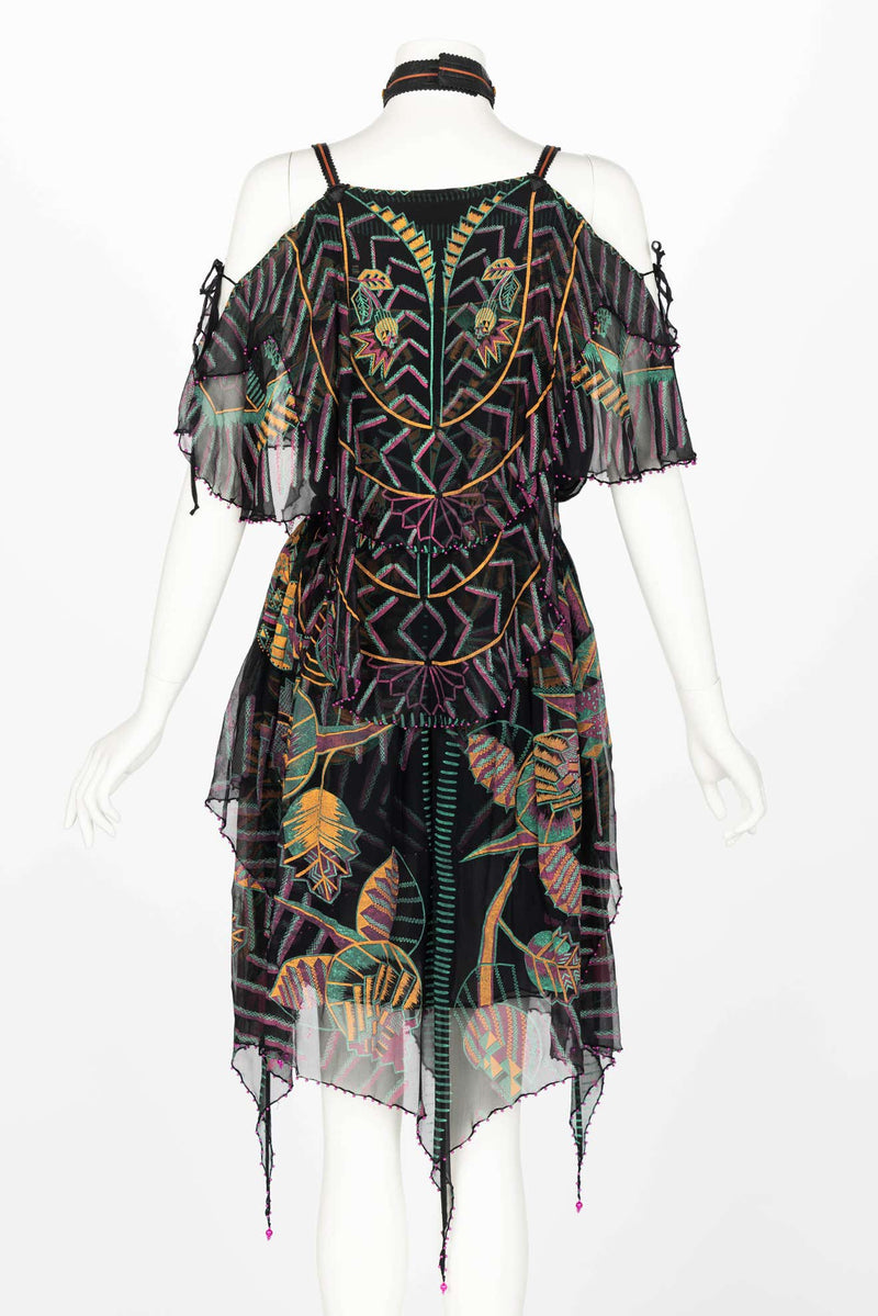Zandra Rhodes Vintage Hand Painted Silk & Leather Halter Top & Skirt Set