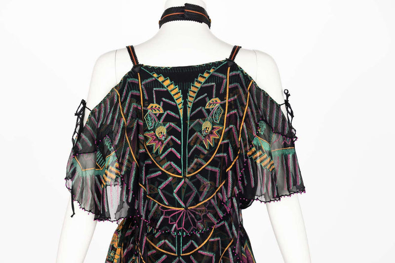 Zandra Rhodes Vintage Hand Painted Silk & Leather Halter Top & Skirt Set