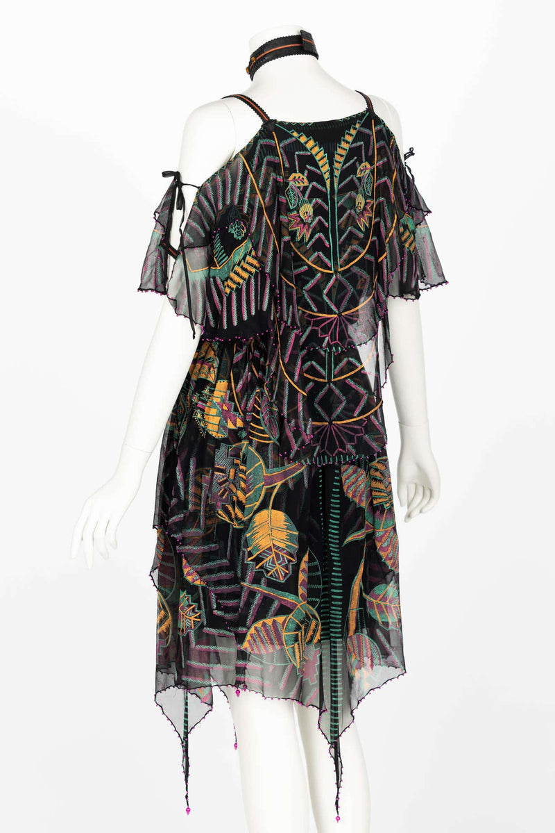 Zandra Rhodes Vintage Hand Painted Silk & Leather Halter Top & Skirt Set