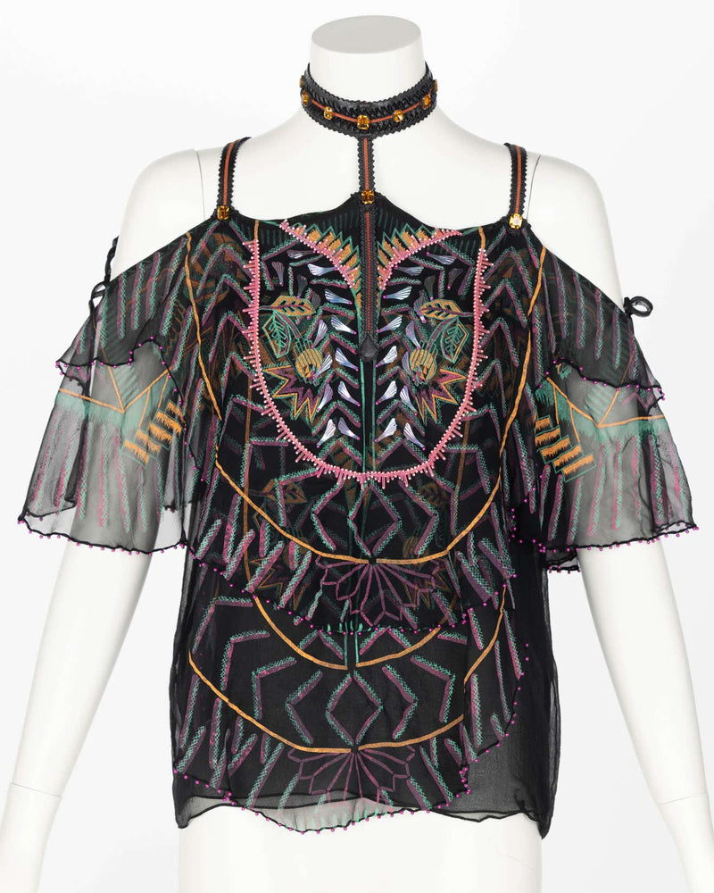 Zandra Rhodes Vintage Hand Painted Silk & Leather Halter Top & Skirt Set