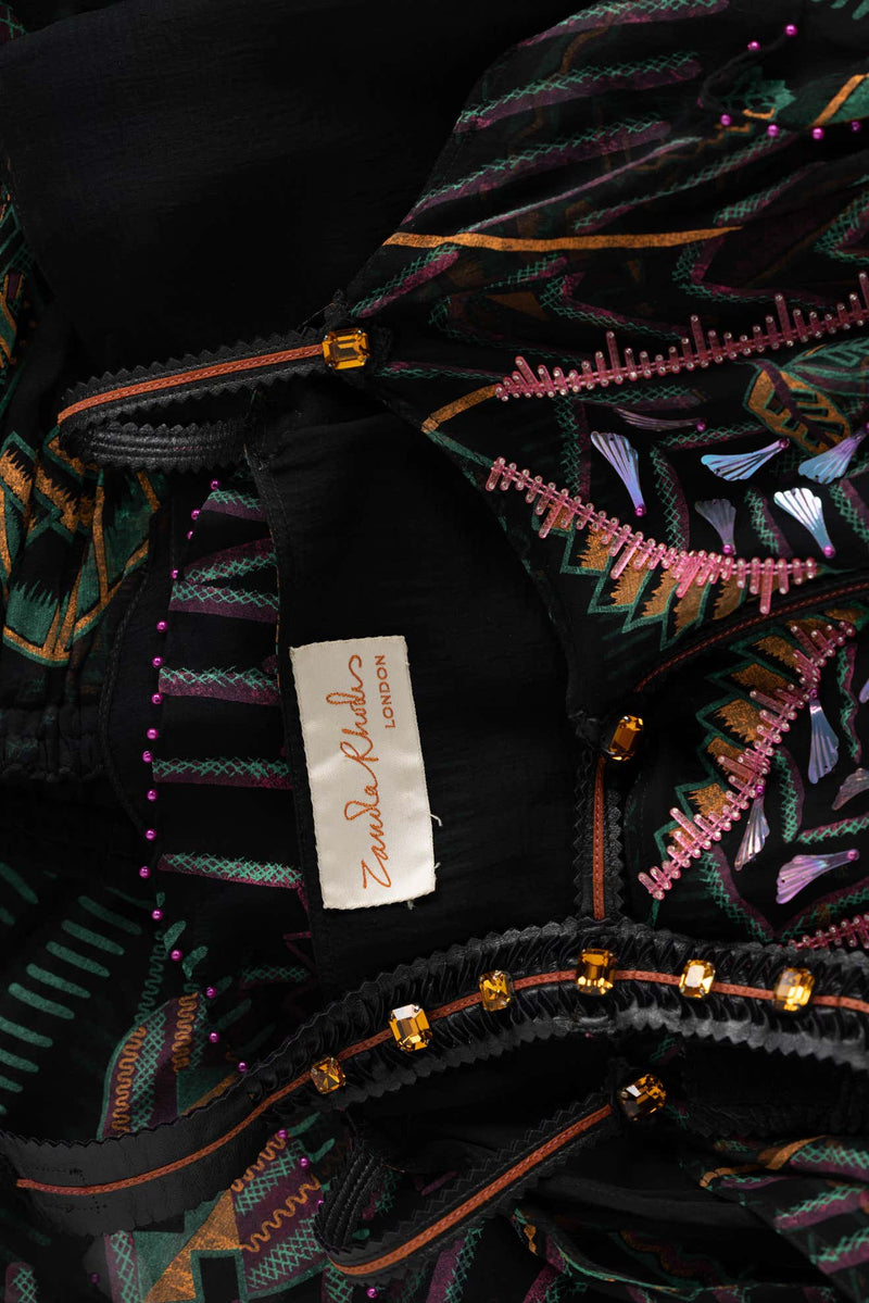 Zandra Rhodes Vintage Hand Painted Silk & Leather Halter Top & Skirt Set