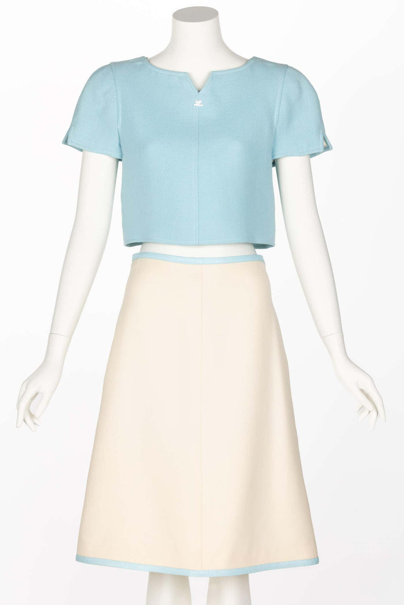 Vintage Courrèges Paris Baby Blue Creme Cropped Top and Skirt Set