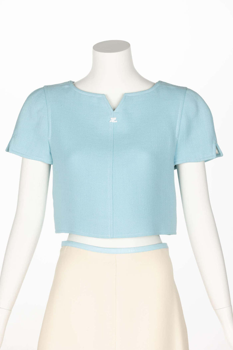 Vintage Courrèges Paris Baby Blue Creme Cropped Top and Skirt Set