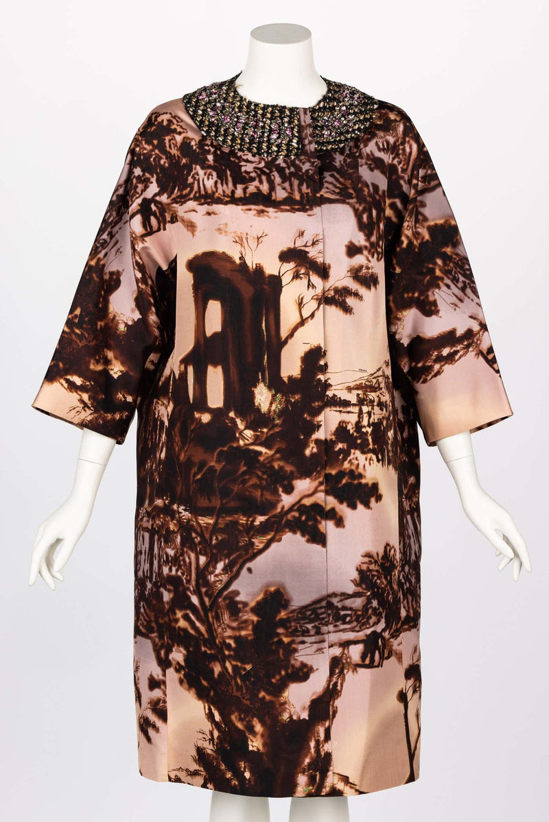 PRADA F/W 2004 RUNWAY SILK SCENIC PRINT CRYSTAL COLLAR COAT