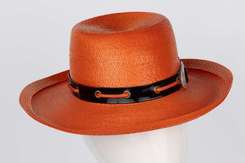 Yves Saint Laurent Orange Straw Back Patent Lucite trim Hat, 1970s