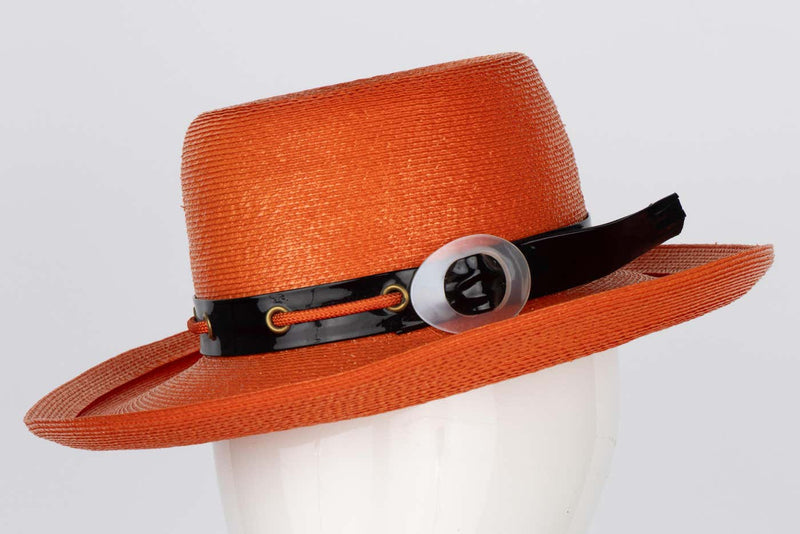 Yves Saint Laurent Orange Straw Back Patent Lucite trim Hat, 1970s