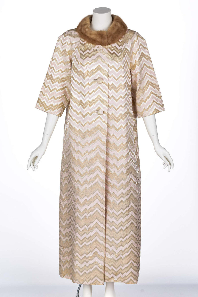 1960s Gold Pink Brocade Fur collar Evening Coat Att. Oscar de la Renta
