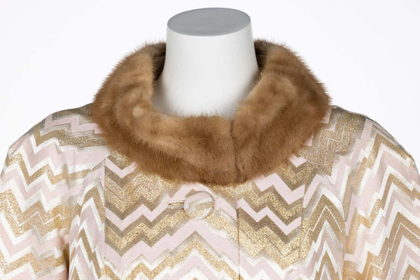 1960s Gold Pink Brocade Fur collar Evening Coat Att. Oscar de la Renta