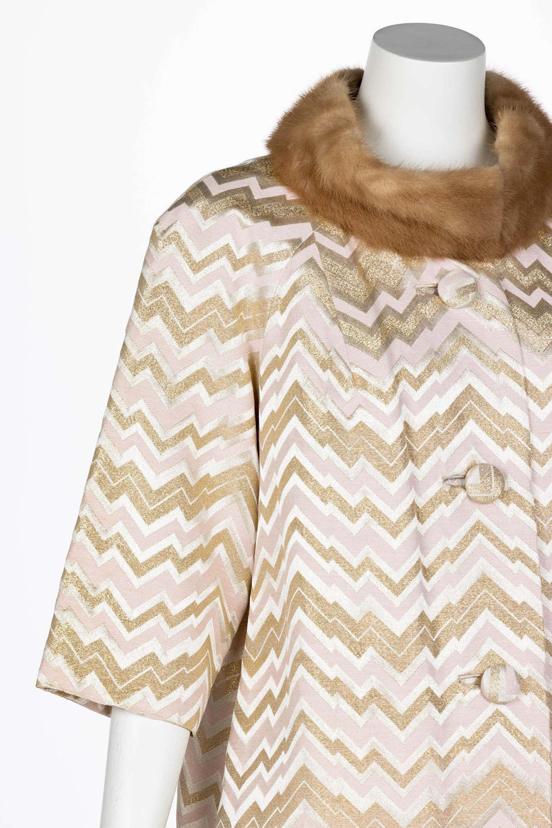 1960s Gold Pink Brocade Fur collar Evening Coat Att. Oscar de la Renta