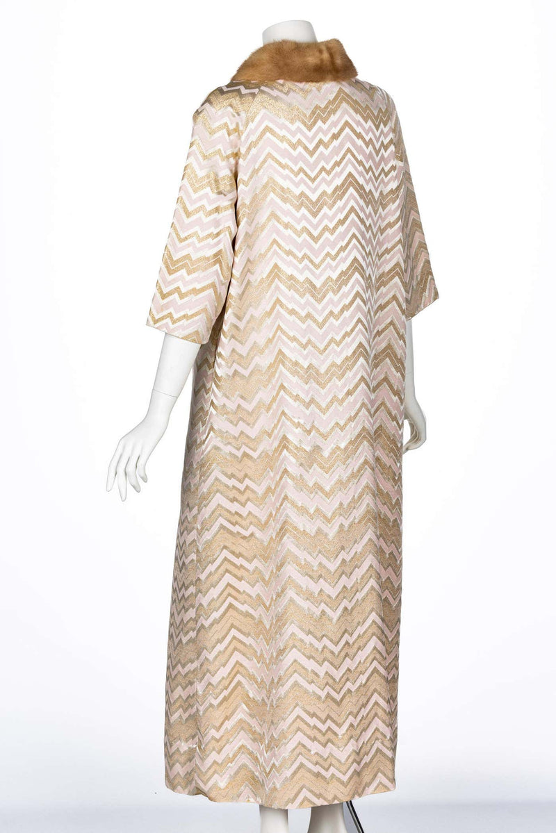 1960s Gold Pink Brocade Fur collar Evening Coat Att. Oscar de la Renta