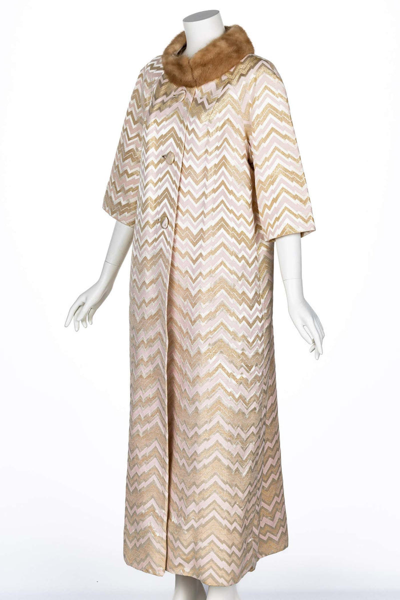 1960s Gold Pink Brocade Fur collar Evening Coat Att. Oscar de la Renta