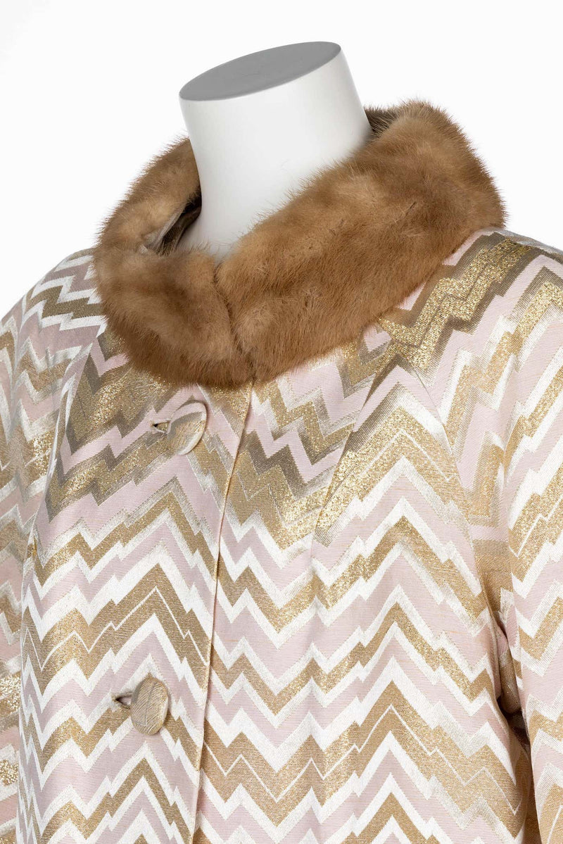 1960s Gold Pink Brocade Fur collar Evening Coat Att. Oscar de la Renta
