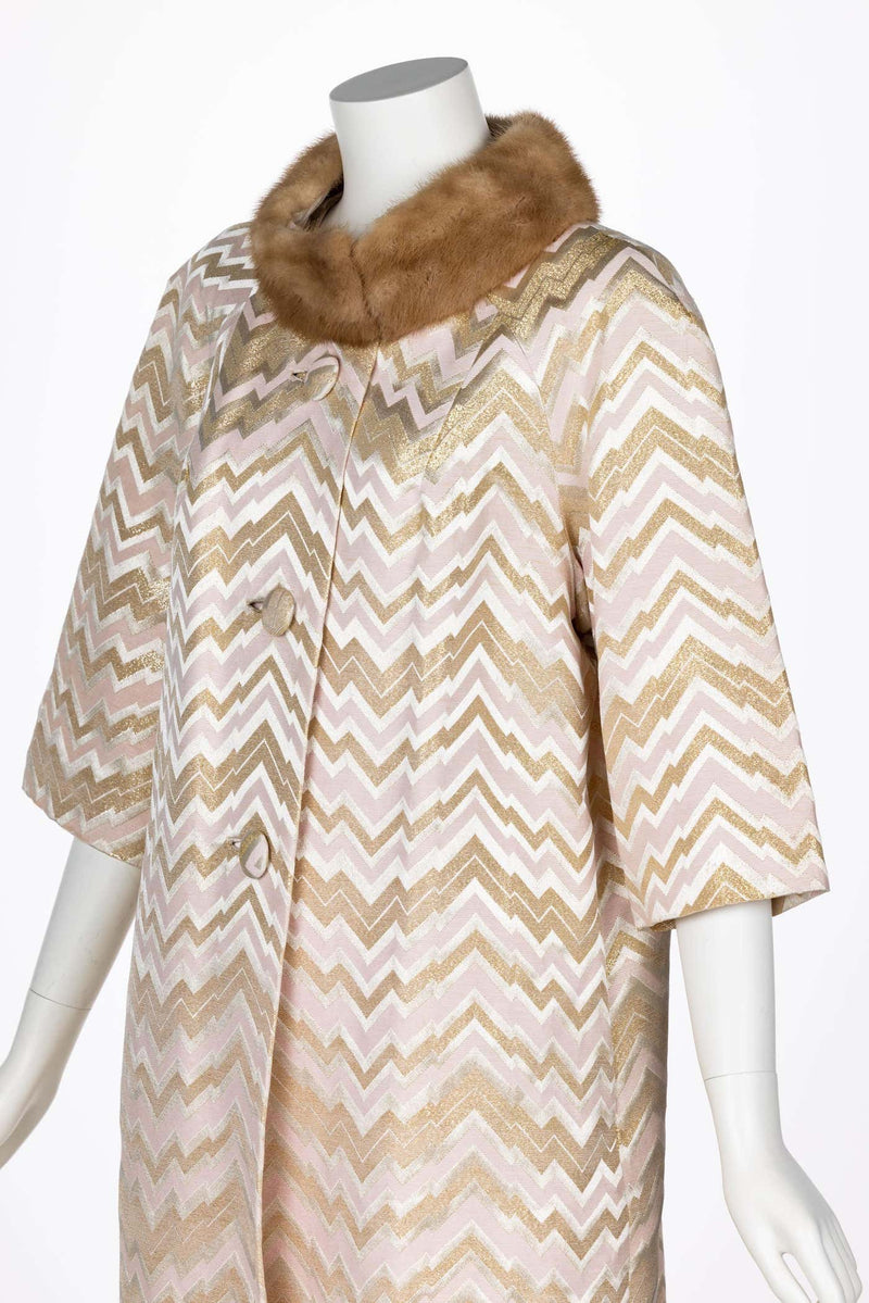 1960s Gold Pink Brocade Fur collar Evening Coat Att. Oscar de la Renta
