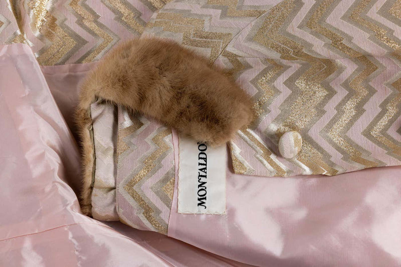 1960s Gold Pink Brocade Fur collar Evening Coat Att. Oscar de la Renta