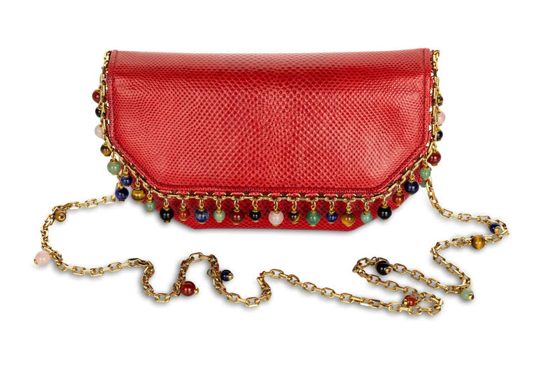 Judith Leiber Red Karung Semiprecious Stones Gold Chain Bag Clutch