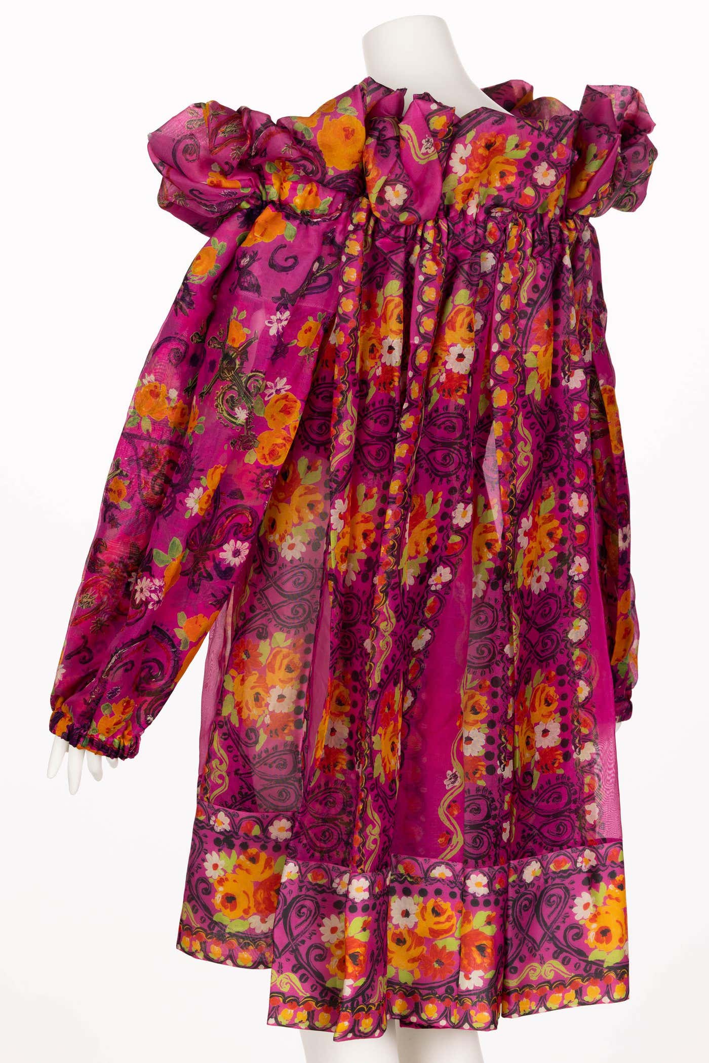 Christian Lacroix Pink Print Silk Ruffle Dress S/S 1992