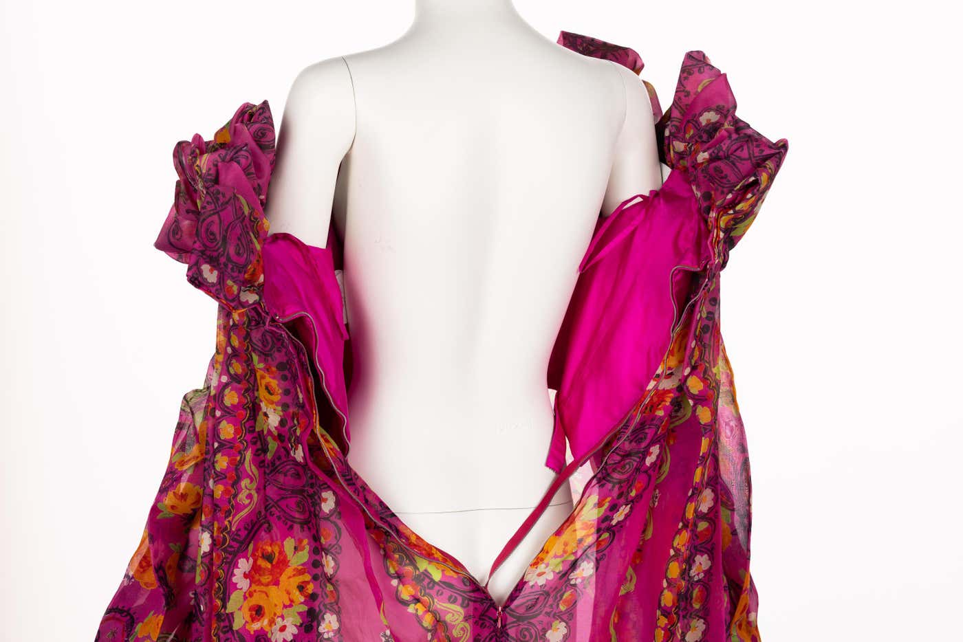 Christian Lacroix Pink Print Silk Ruffle Dress S/S 1992