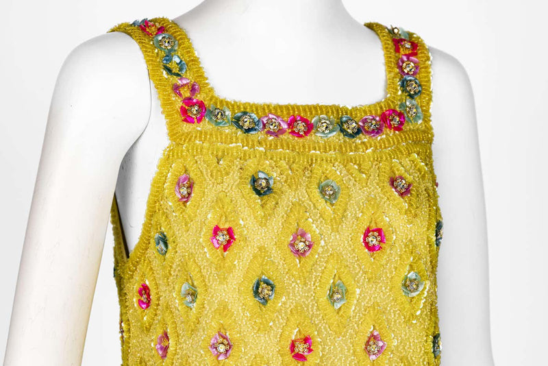Extraordinary 1960s Unlabeled Yellow Beaded & Sequins Embellished Dress