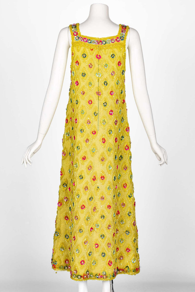 Extraordinary 1960s Unlabeled Yellow Beaded & Sequins Embellished Dress