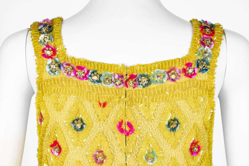 Extraordinary 1960s Unlabeled Yellow Beaded & Sequins Embellished Dress