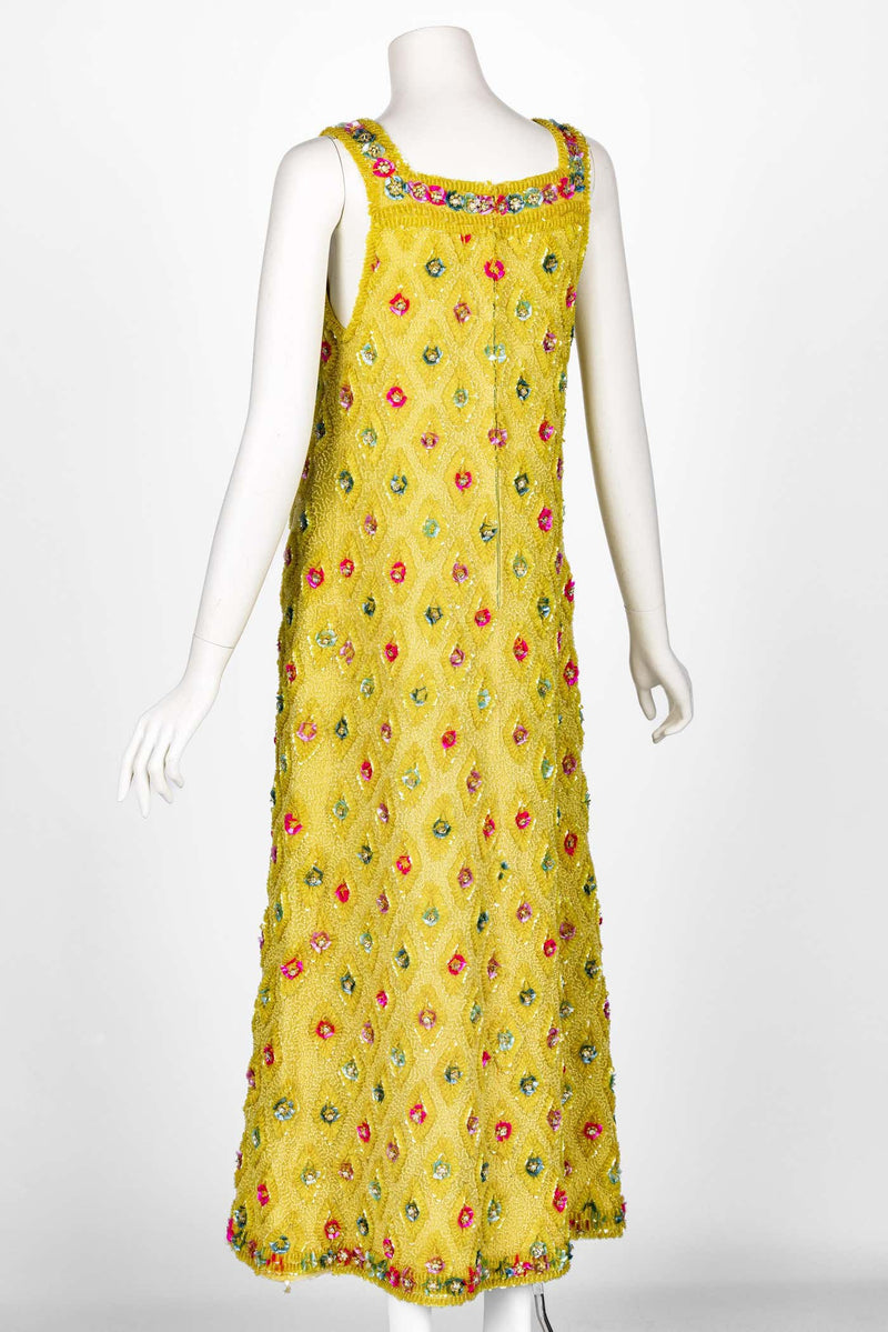 Extraordinary 1960s Unlabeled Yellow Beaded & Sequins Embellished Dress