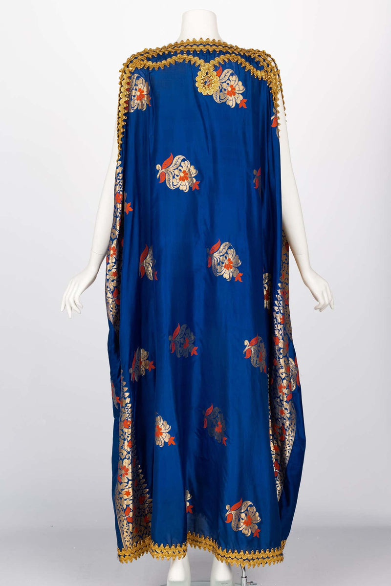 Antique Royal Blue Silk Gold Embroidered Caftan Dress