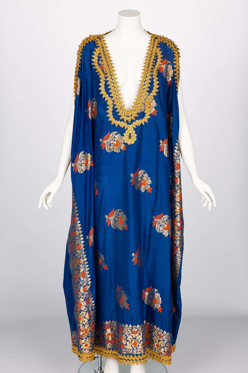 Antique Royal Blue Silk Gold Embroidered Caftan Dress