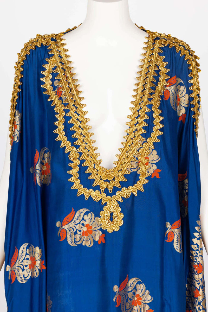 Antique Royal Blue Silk Gold Embroidered Caftan Dress