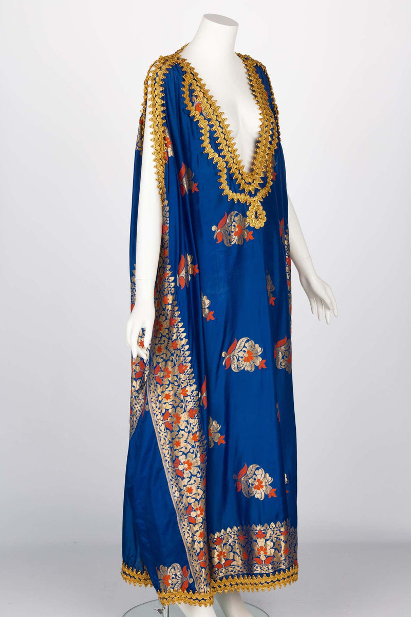 Antique Royal Blue Silk Gold Embroidered Caftan Dress