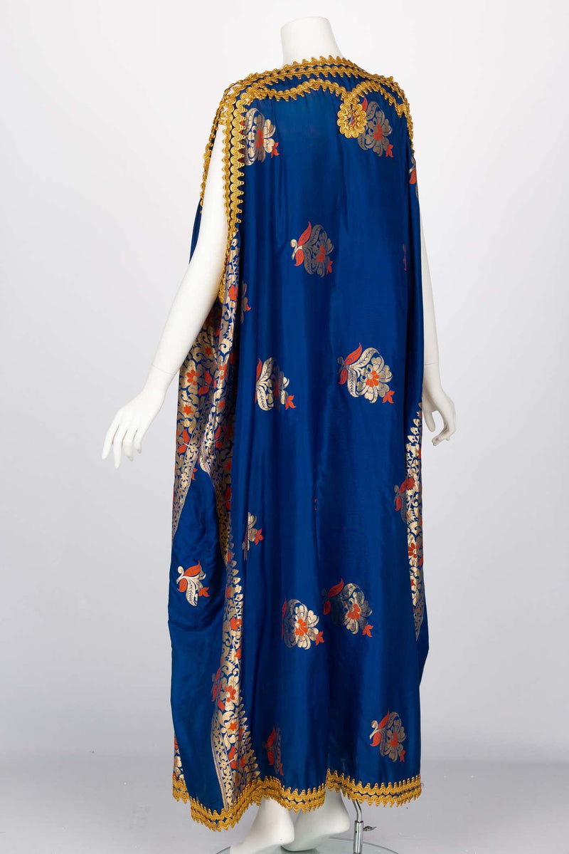 Antique Royal Blue Silk Gold Embroidered Caftan Dress
