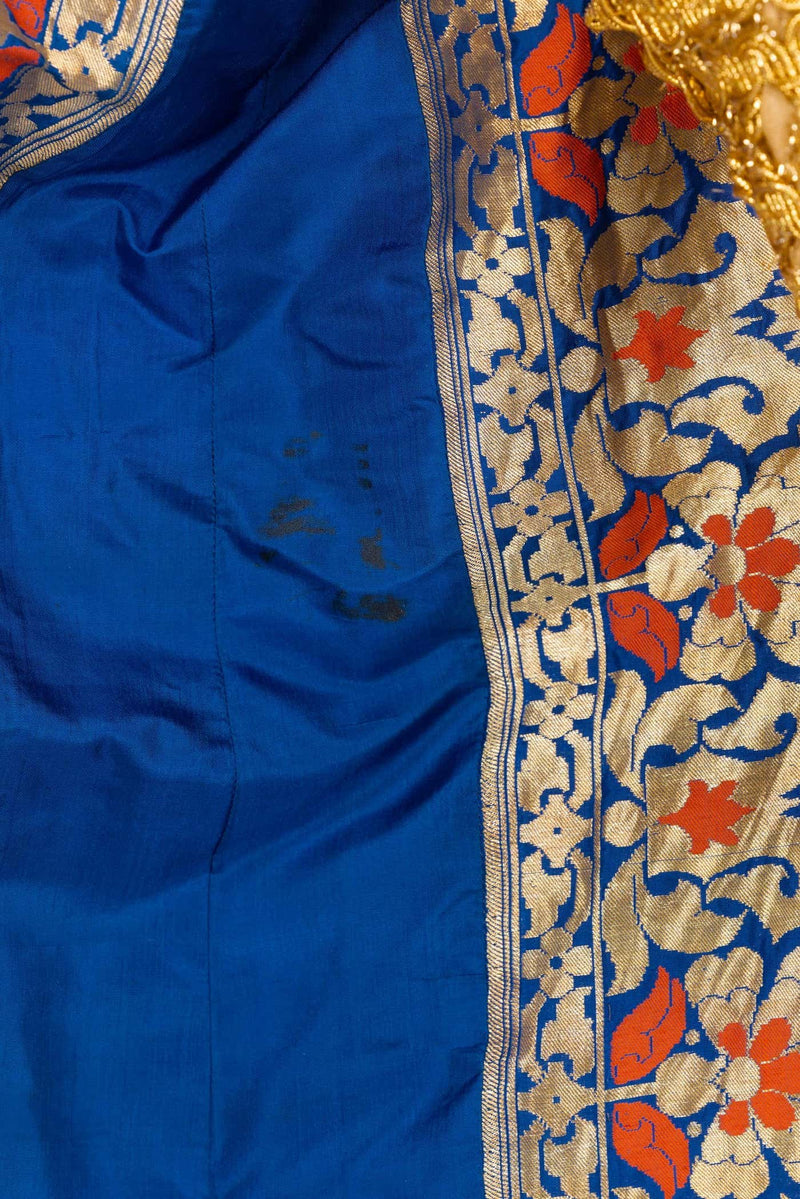 Antique Royal Blue Silk Gold Embroidered Caftan Dress