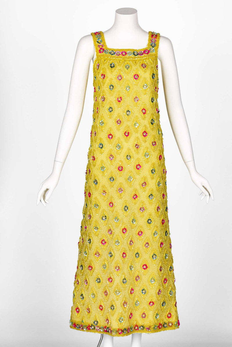 Extraordinary 1960s Unlabeled Yellow Beaded & Sequins Embellished Dress