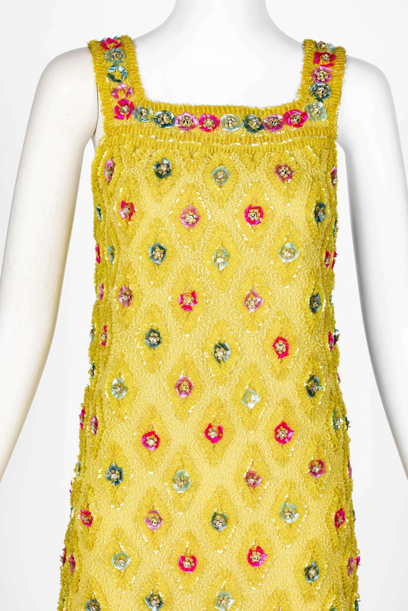 Extraordinary 1960s Unlabeled Yellow Beaded & Sequins Embellished Dress
