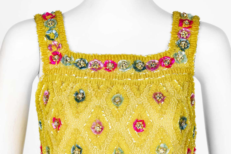 Extraordinary 1960s Unlabeled Yellow Beaded & Sequins Embellished Dress