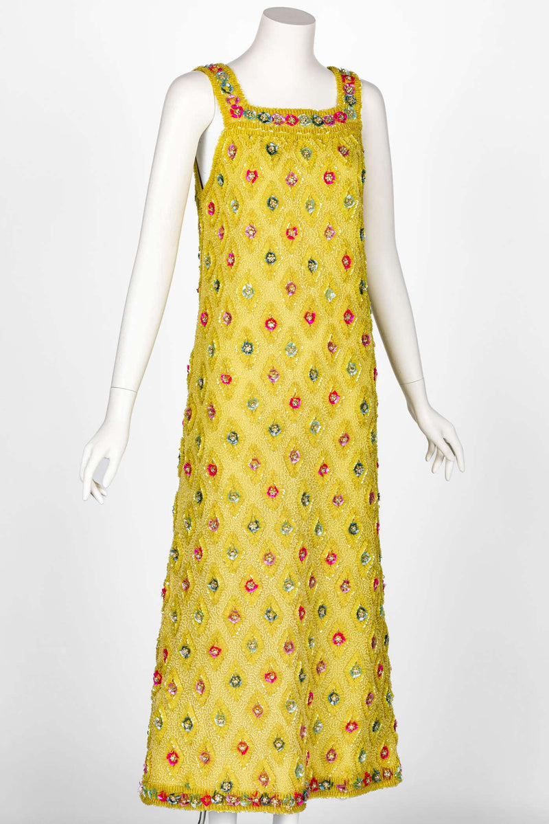 Extraordinary 1960s Unlabeled Yellow Beaded & Sequins Embellished Dress