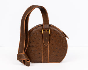 Vintage Susan Bennis Warren Edwards Brown Ostrich Leather Round Shoulder Bag