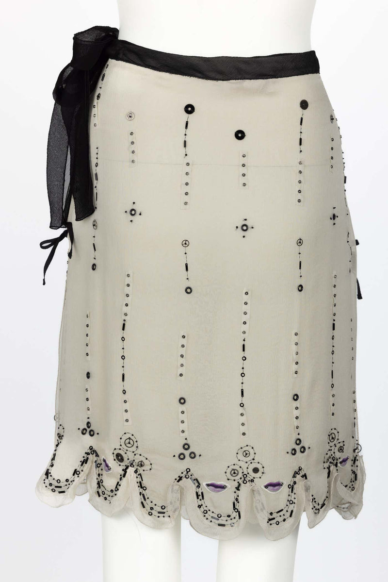 Prada Spring 2000 Beige Semi Sheer Silk Lip Embellished Skirt Runway Look #55