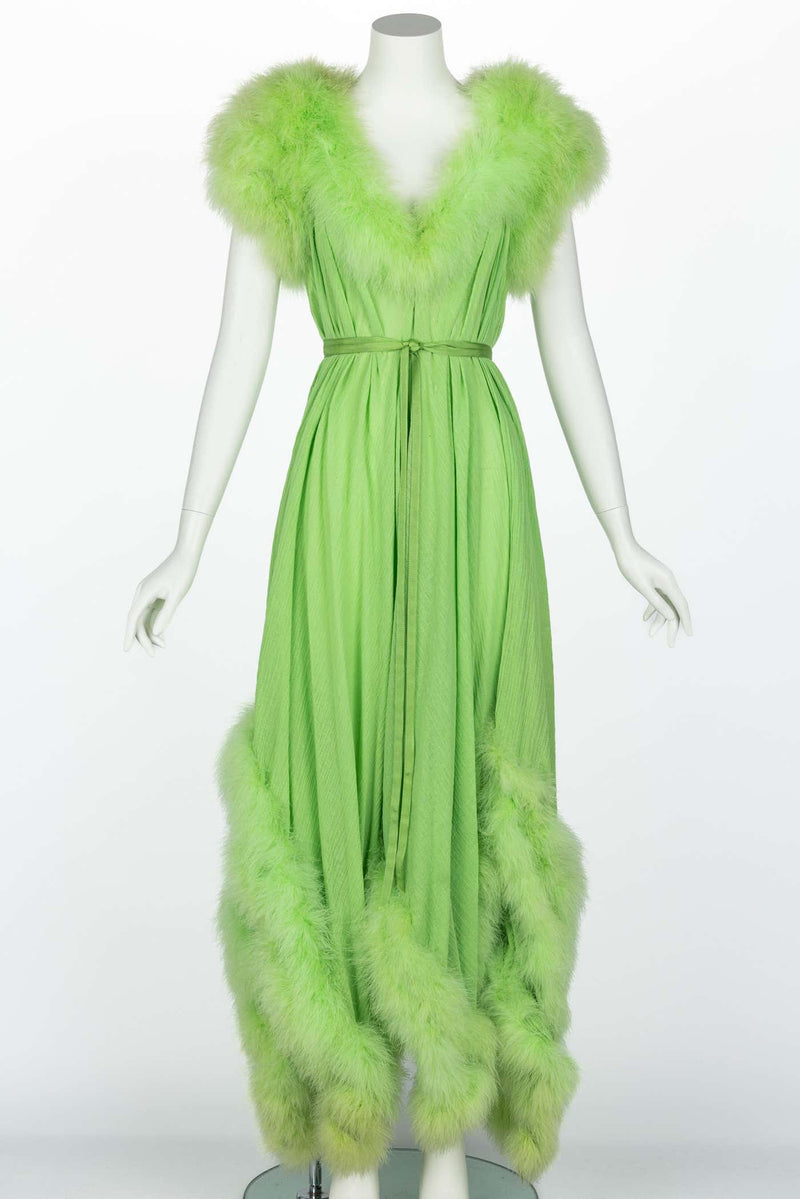 Vintage Light Green Marabou Feather Trimmed Maxi Dress