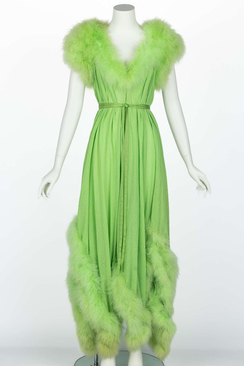 Vintage Light Green Marabou Feather Trimmed Maxi Dress