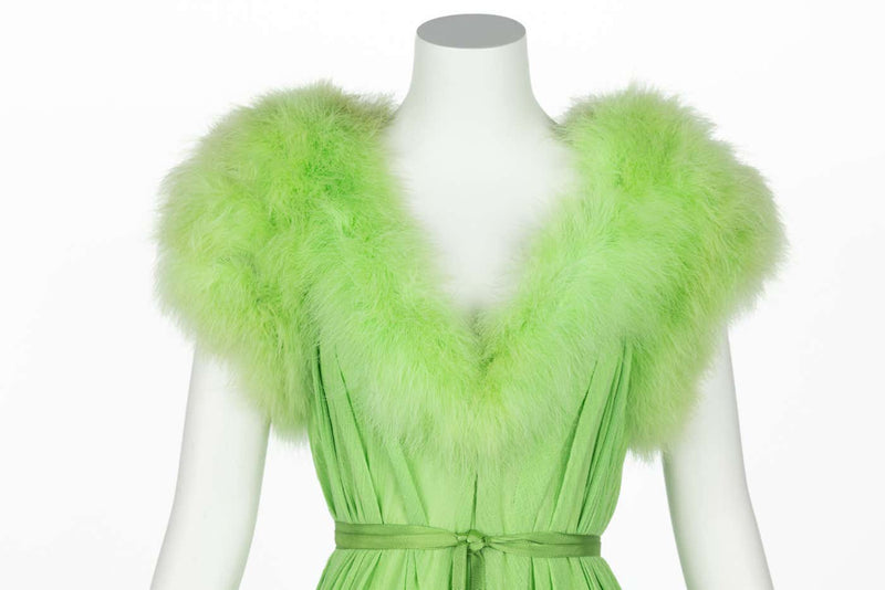 Vintage Light Green Marabou Feather Trimmed Maxi Dress