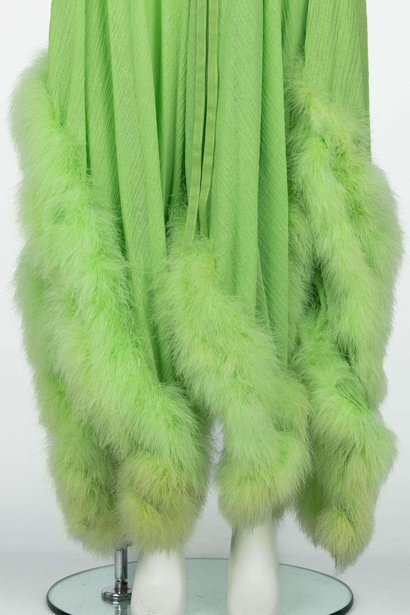 Vintage Light Green Marabou Feather Trimmed Maxi Dress