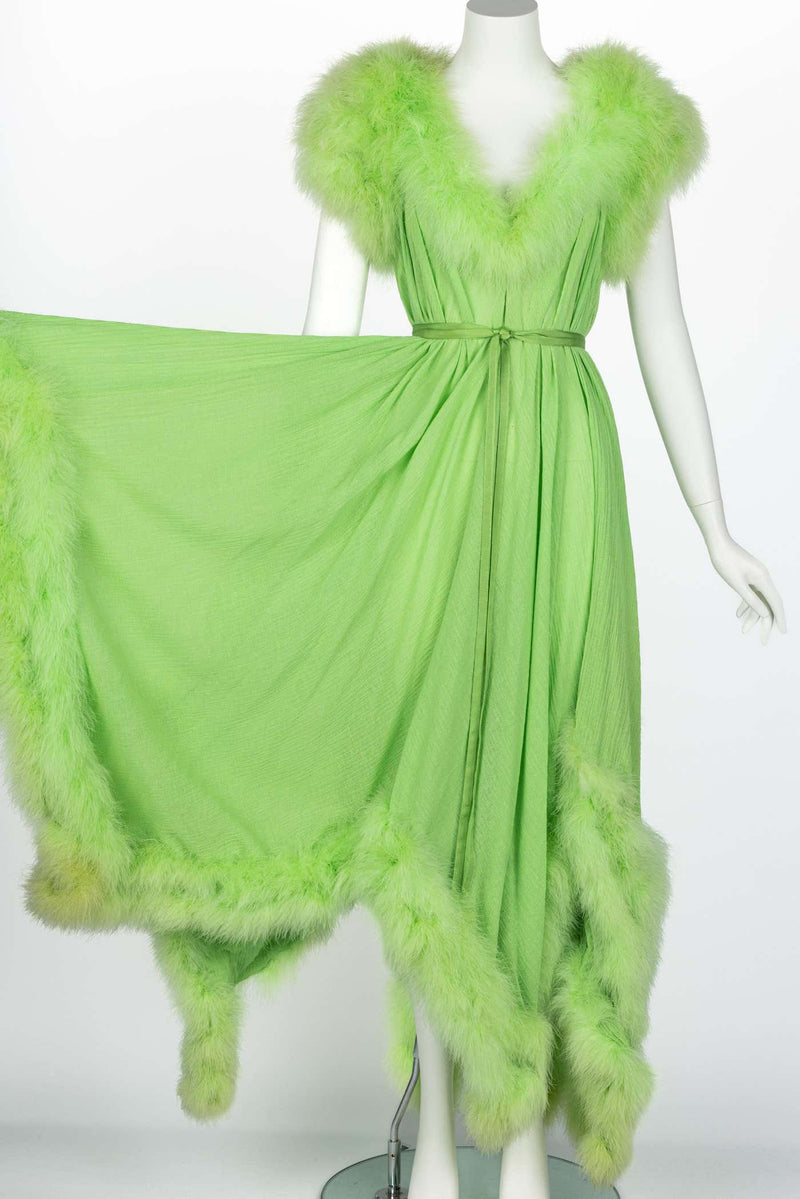 Vintage Light Green Marabou Feather Trimmed Maxi Dress