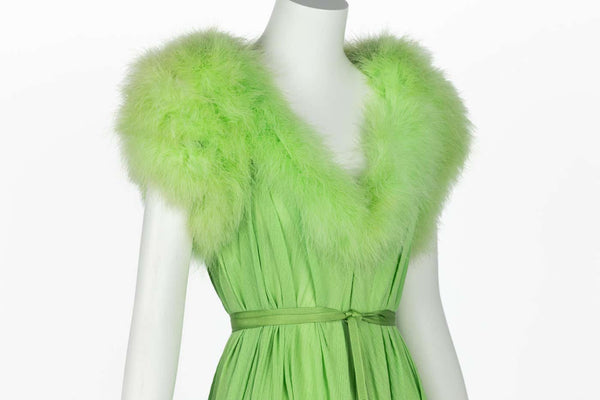 Vintage Light Green Marabou Feather Trimmed Maxi Dress