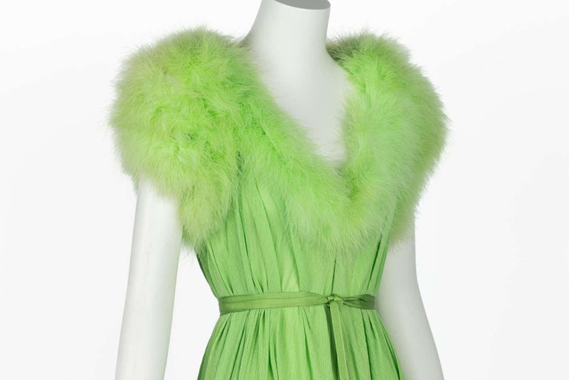 Vintage Light Green Marabou Feather Trimmed Maxi Dress