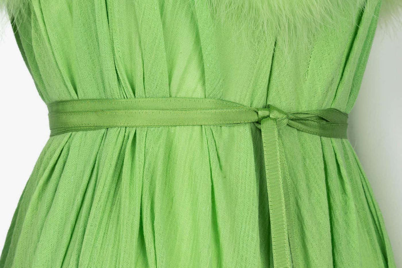Vintage Light Green Marabou Feather Trimmed Maxi Dress