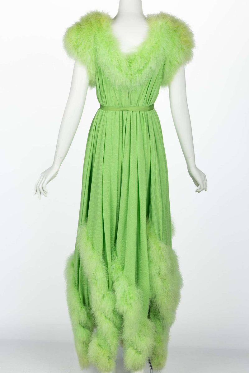 Vintage Light Green Marabou Feather Trimmed Maxi Dress