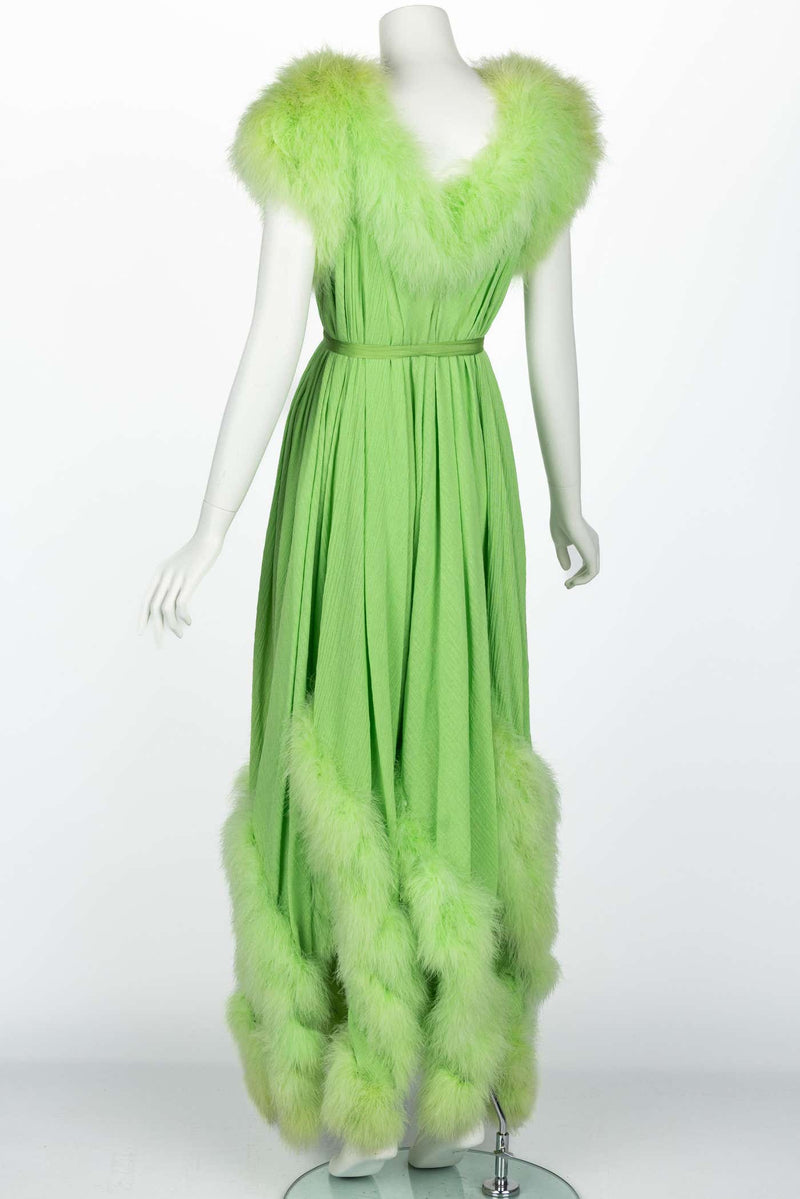 Vintage Light Green Marabou Feather Trimmed Maxi Dress