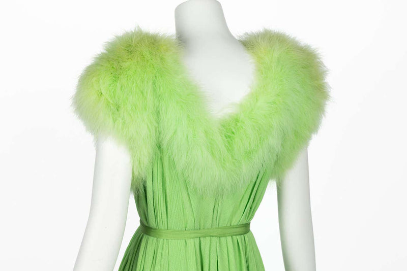 Vintage Light Green Marabou Feather Trimmed Maxi Dress