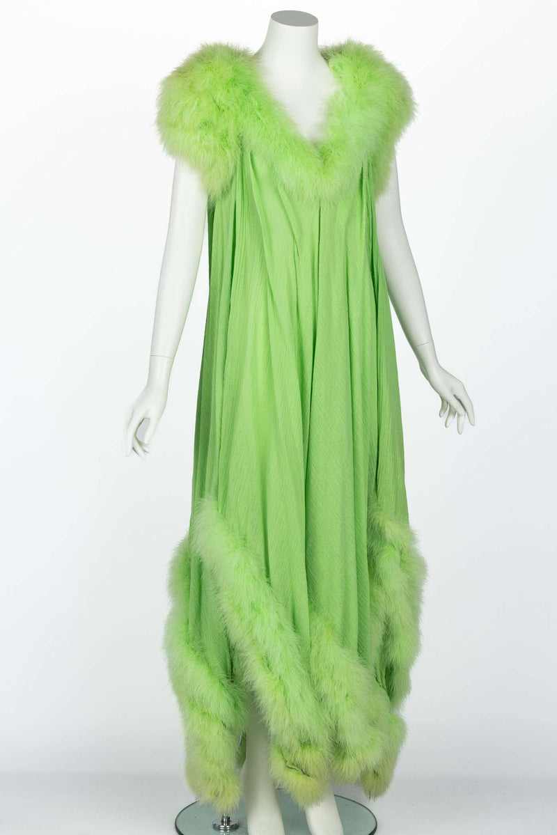 Vintage Light Green Marabou Feather Trimmed Maxi Dress