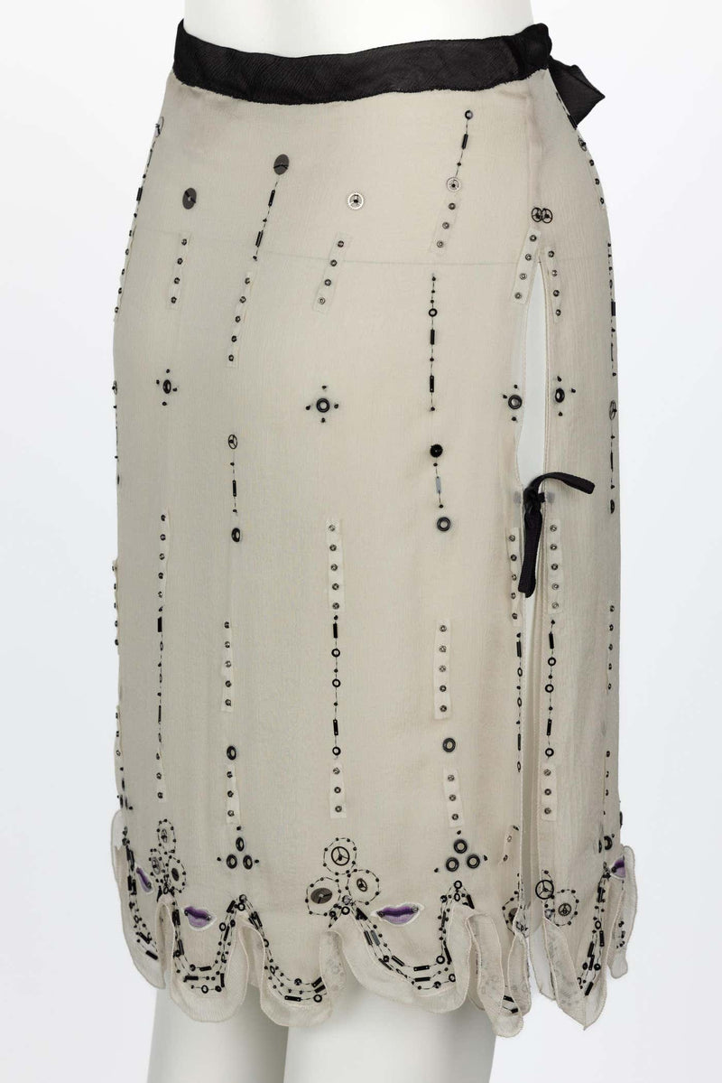 Prada Spring 2000 Beige Semi Sheer Silk Lip Embellished Skirt Runway Look #55